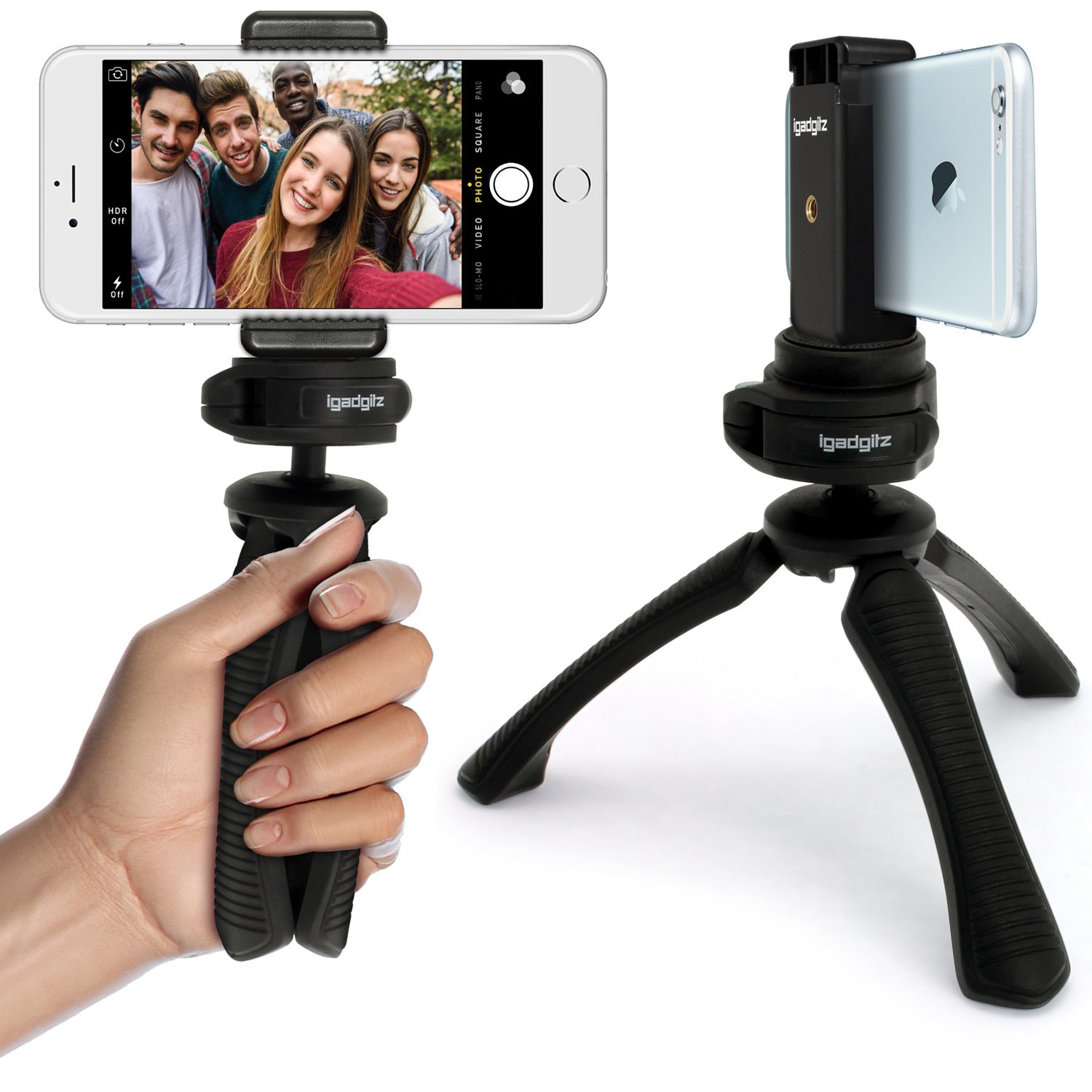 iGadgitz PT310 Mini Lightweight Table Top Stand Tripod and Grip Stabilizer + Universal Smartphone Holder Mount Bracket Adapter – Black