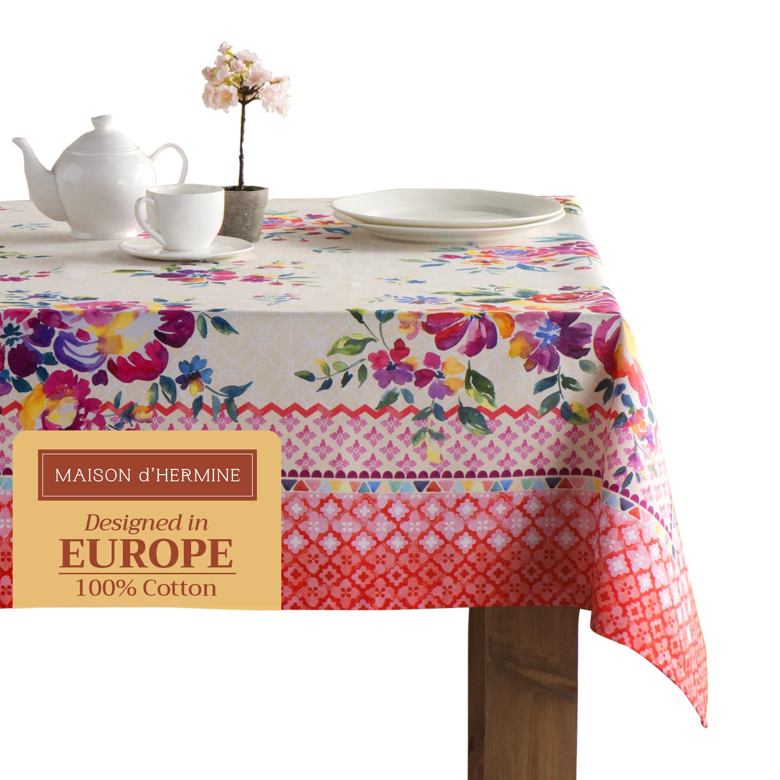 Maison d' Hermine Table Cloth Rectangle Table 100% Cotton 180 cm x 140 cm Tablecloth Reusable Everyday Use for Dining Farmhouse Home Party Festive (Rose Garden) — image 1