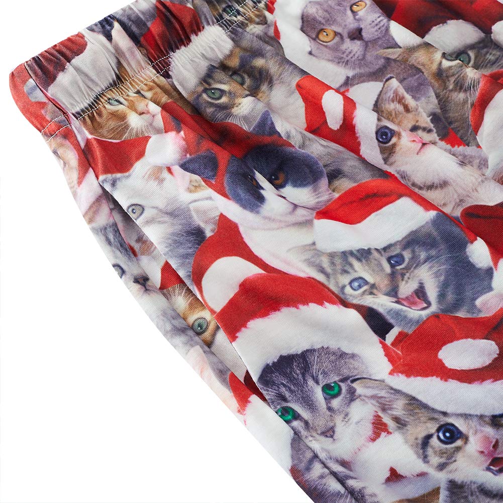 RAISEVERN Weiche Schlafanzughose Niedliche Weihnachtskatze Gedruckt Unterseiten Weihnachtsmütze Muster Schlaf Pjs Taschen Kordelzug Loungewear Hosen Geschenk für Teen Ehemann Freund