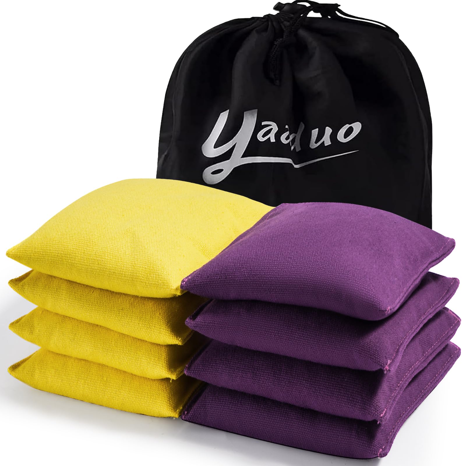 Photo 1 of YAADUO Set of 8 Regulation Cornhole Bags Double Sided, Weather Resistant Bean Bags for Cornhole Toss Game, Corn Hole Beans Bags with Tote Bag (Yellow/Purple)