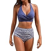CUPSHE Women's Bikini Sets Two Piece Bathing Suit High Waisted V Neck Halter Front Twist Back Hook Textured