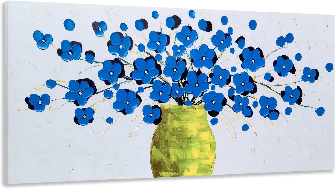 Paintings - Yihui Arts Blue Flower In Vase Oil Painting - Hand Painted Modern 3D Floral Canvas Wall Art - Abstract Landscape Pictures for Living Room Bedroom Office Decor