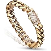 Luxfine 12mm Miami Cuban Link Bracelet 14K REAL Gold Plated Hypoallergenic Premium Stainless Steel Hip Hop Jewelry For Men Women Father Day Birthday Gift (No Color Fade, Double-sided Iced Out Clasp)