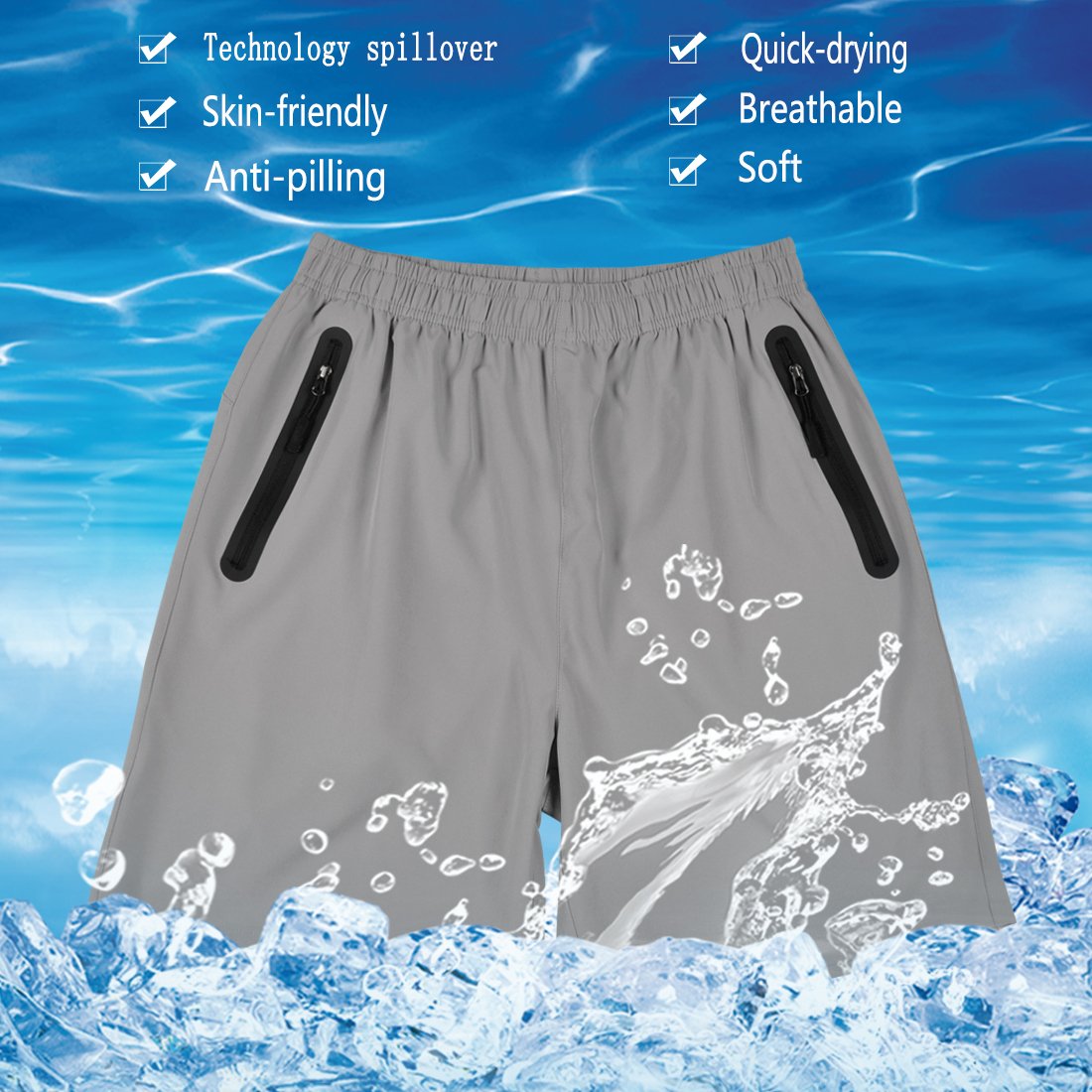 Gititlys Men\'s Shorts with Pockets 95% Terylene and 5% Spandex (Light Gray, Large)