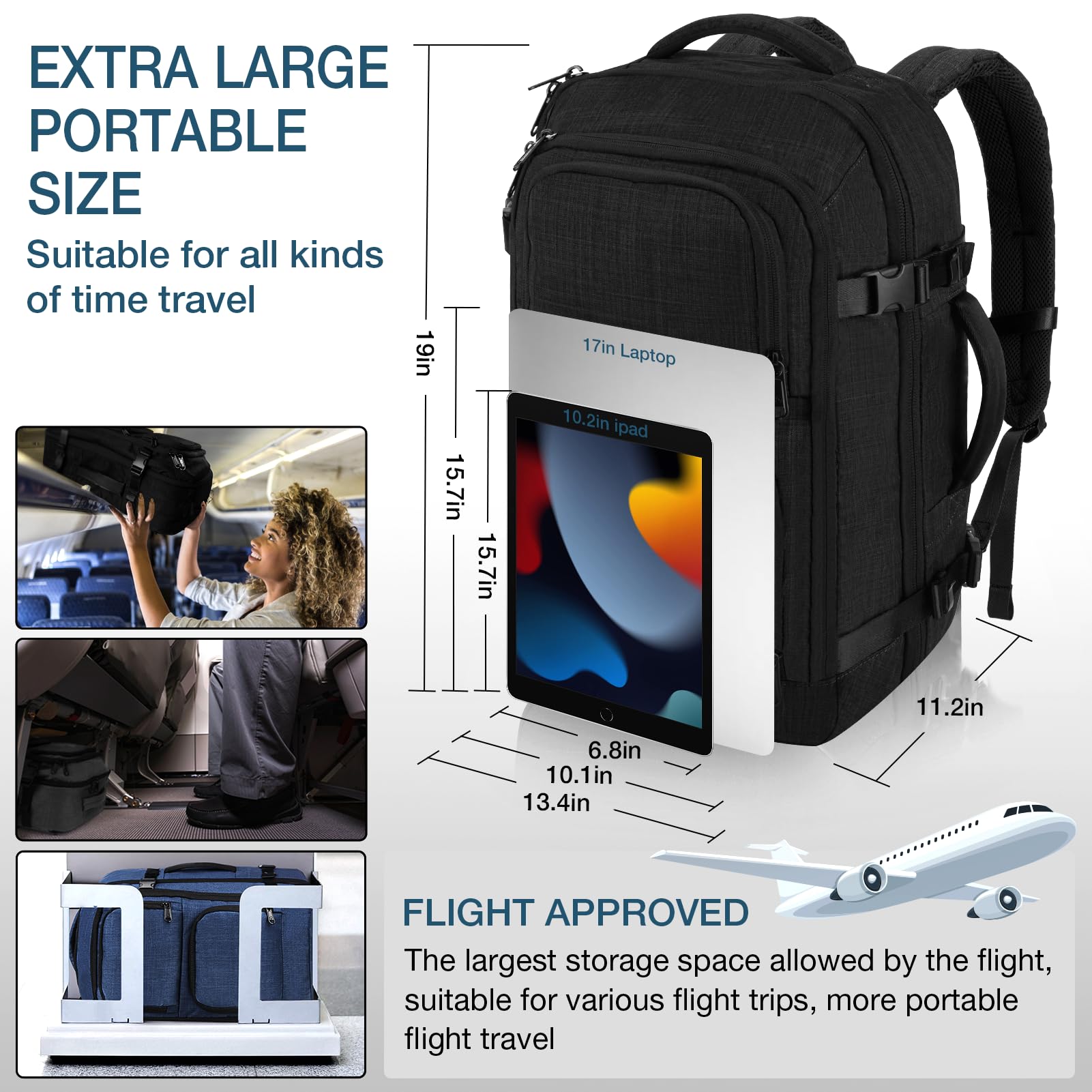 Dinictis Travel Backpack Carry on Flight Approved, Backpack Suitcase for Travel, Personal Item Travel Bag fits 17 inch Laptop-Black