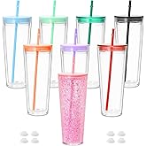 24 Oz Acrylic Snowglobe Tumbler, 8 Pack Pre-Drilled Double Wall Plastic Snowglobe Cup for Glitter Snow Globe DIY, Colorful Lid
