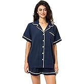 BESTOUCH Women's Pajama Sets 100% Pure Cotton Muslin Linen Feel Sleep Shorts Pjs 2 Piece Soft Sleepwear Lounge Set for Women