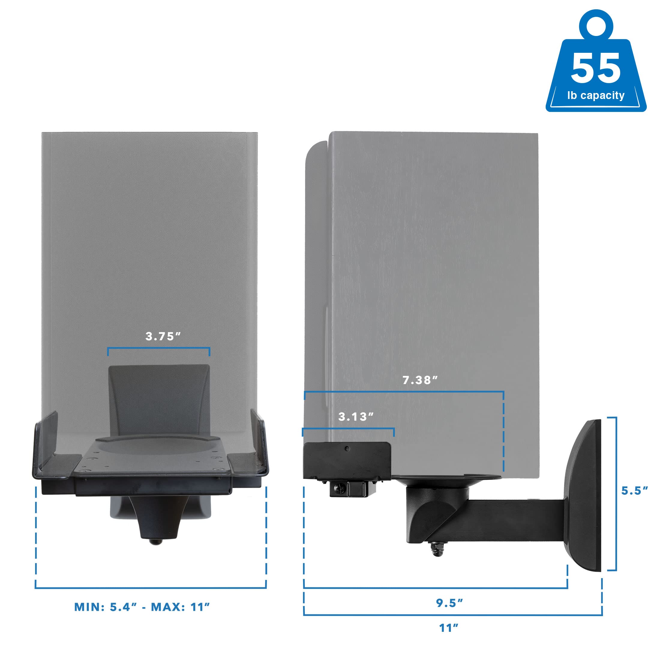 Mount-It! Bookshelf Speaker Wall Mount, Pair of Universal Side Clamping Speaker Shelf Wall Mounting Brackets for Large or Small Speakers, 2 Full Motion Mounts, 55 Lbs Capacity, Black (MI-SB37)