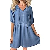 Dokotoo Denim Dress for Women Short Puff Sleeve V Neck Solid Babydoll Jean Dresses