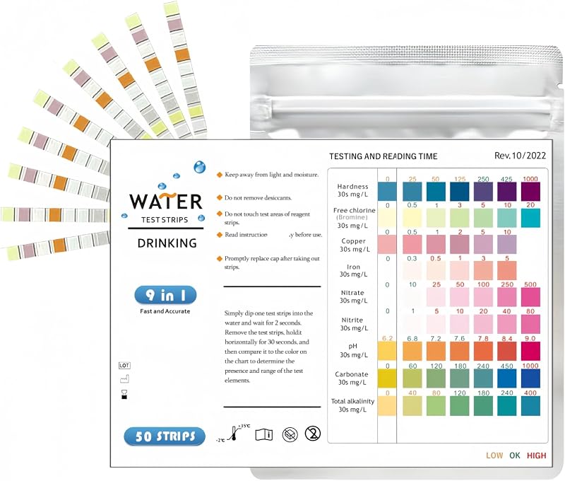 SULIVES 50 Water Test Strips for Drinking Water pH Hardness Chlorine Lead Iron