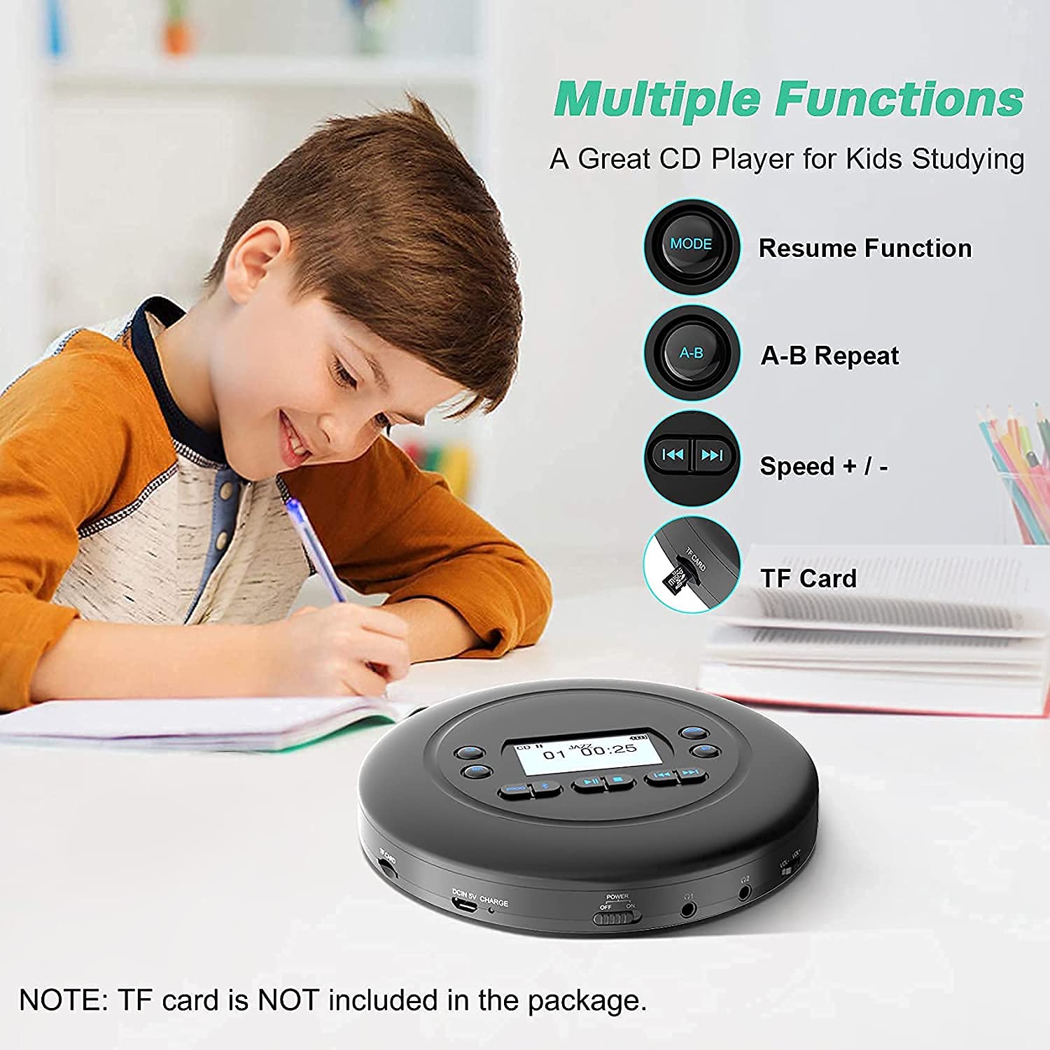 CD Player Portable, MONODEAL Bluetooth CD Player, Rechargeable Compact Small Player with Headphones for Car and Personal Use