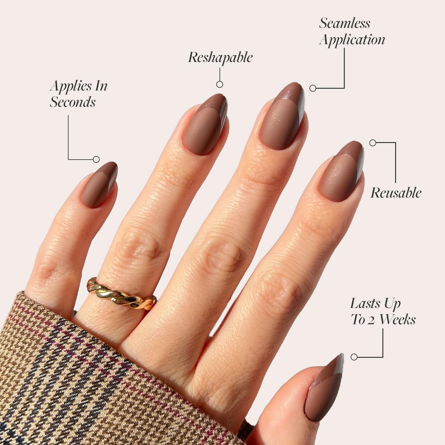 Glamnetic Press On Nails - Terra | Short Almond Dark Brown Nails with Glossy French Tips in a Matte Finish | 15 Sizes - 30 Nail Kit with Glue - Image 3