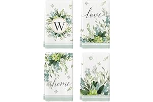 Artoid Mode Monogram Letter W Eucalyptus Leaves Kitchen Towels Dish Towels, 18x26 Inch Family Last Name Decoration Hand Towels Set of 4
