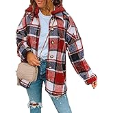 SHEWIN Womens Long Sleeve Button Down Plaid Shirts Flannel Hooded Shacket Jacket Hoodie Coats