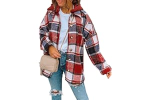 SHEWIN Womens Long Sleeve Button Down Plaid Shirts Flannel Hooded Shacket Jacket Hoodie Coats
