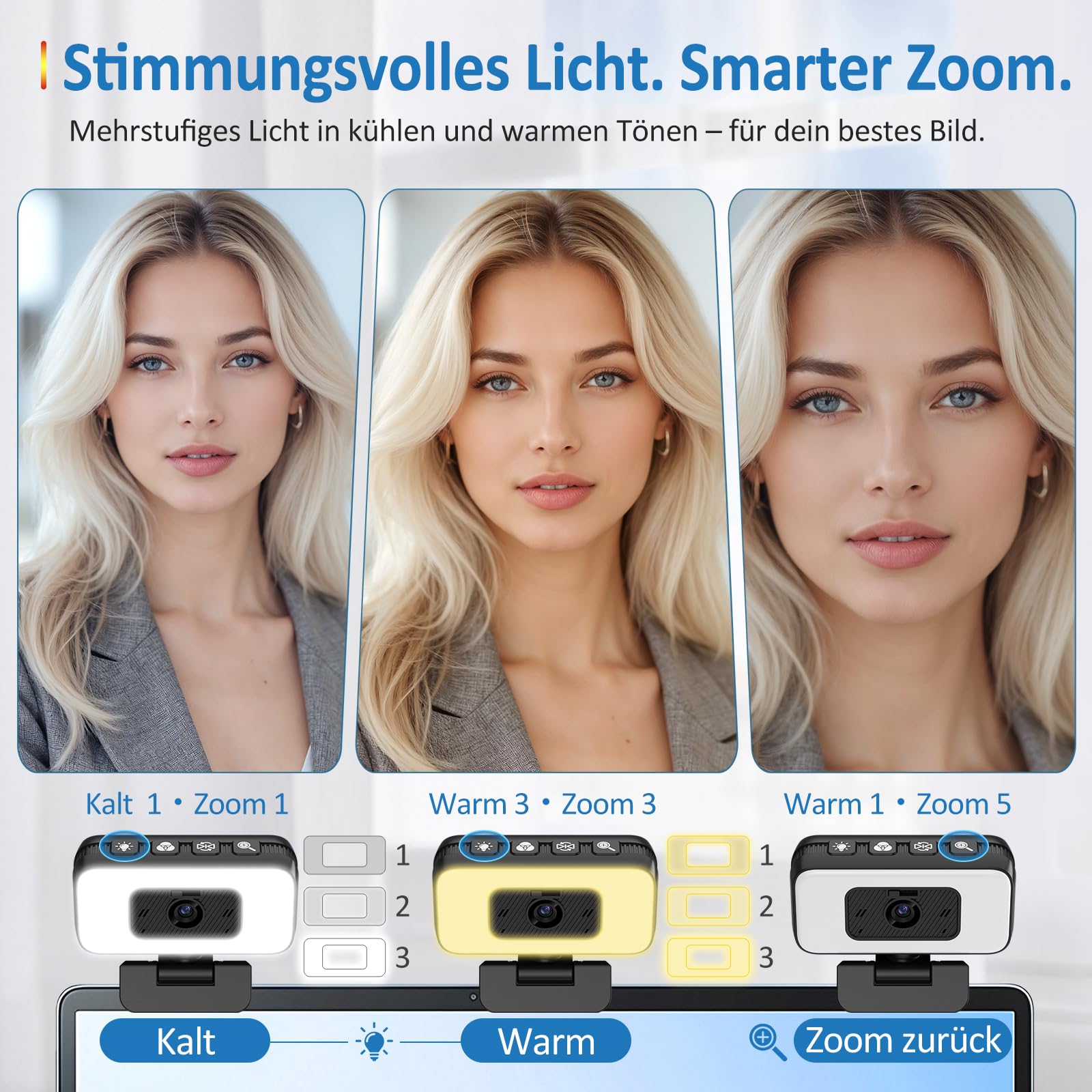 Danyesth 2K Webcam mit Mikrofon und Abdeckung – USB PC Kamera mit Licht, Zoom, Flip, Privacy-Cover – Externe Web Cam für Laptop, Desktop, Homeoffice & Streaming 3