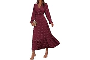 BTFBM Women Fall Maxi Dresses 2025 Long Sleeve V Neck Swiss Dots High Waisted A-Line Ruffle Boho Long Dress Vacation