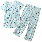 Meow Meow Lace Women's Pajama Sets Cotton Pj Set Short Sleeve Top With Capri Pants Sleepwear 2 Piece Lounge Set