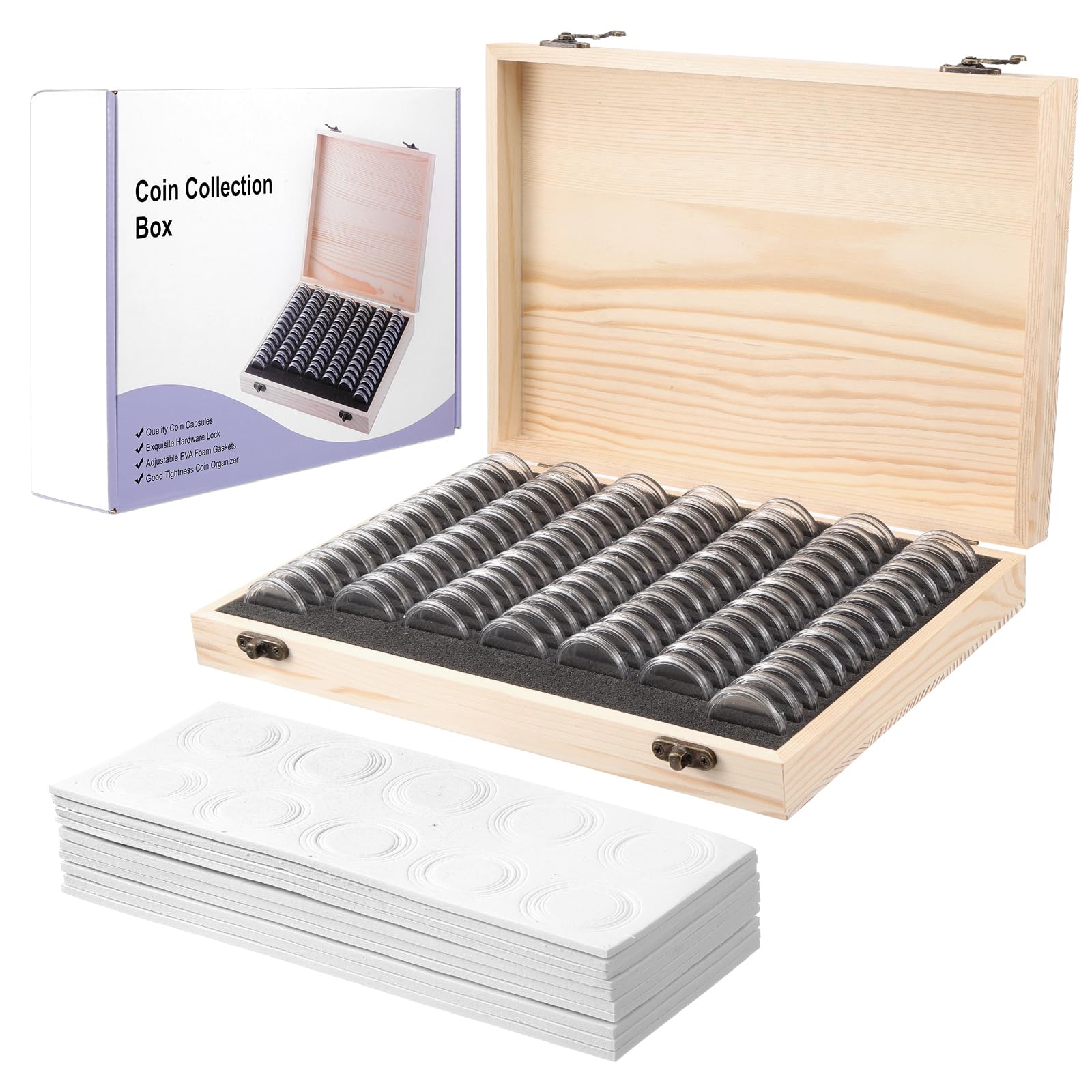 Fippy 100PCS Coin Collection Box, Wooden Coin Collecting Storage Box Coin Cases for Collectors, Fit Coins 18mm 21mm 25mm 27mm 30mm