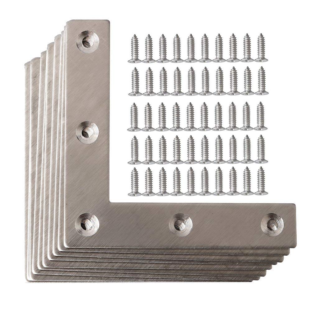 Dproptel 10 Pack Heavy Duty '' L'' Shape Stainless Steel Flat Plates Corner Angle Bracket Repair Brace with Screws 80X80MM