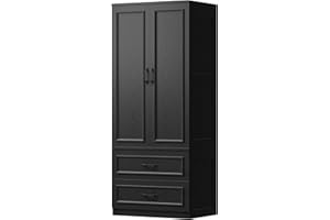 LIKIMIO Armoire Wardrobe Closet with 2 Doors and 2 Drawers 70" H x 28" W Wooden Bedroom Freestanding Wardrobe Combination for Hanging Clothes, Black