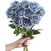 LFF 10pcs Silk Roses Artificial Flowers Fake Long Stem Roses for DIY Wedding Bouquet Home Decoration (Dusty Blue)