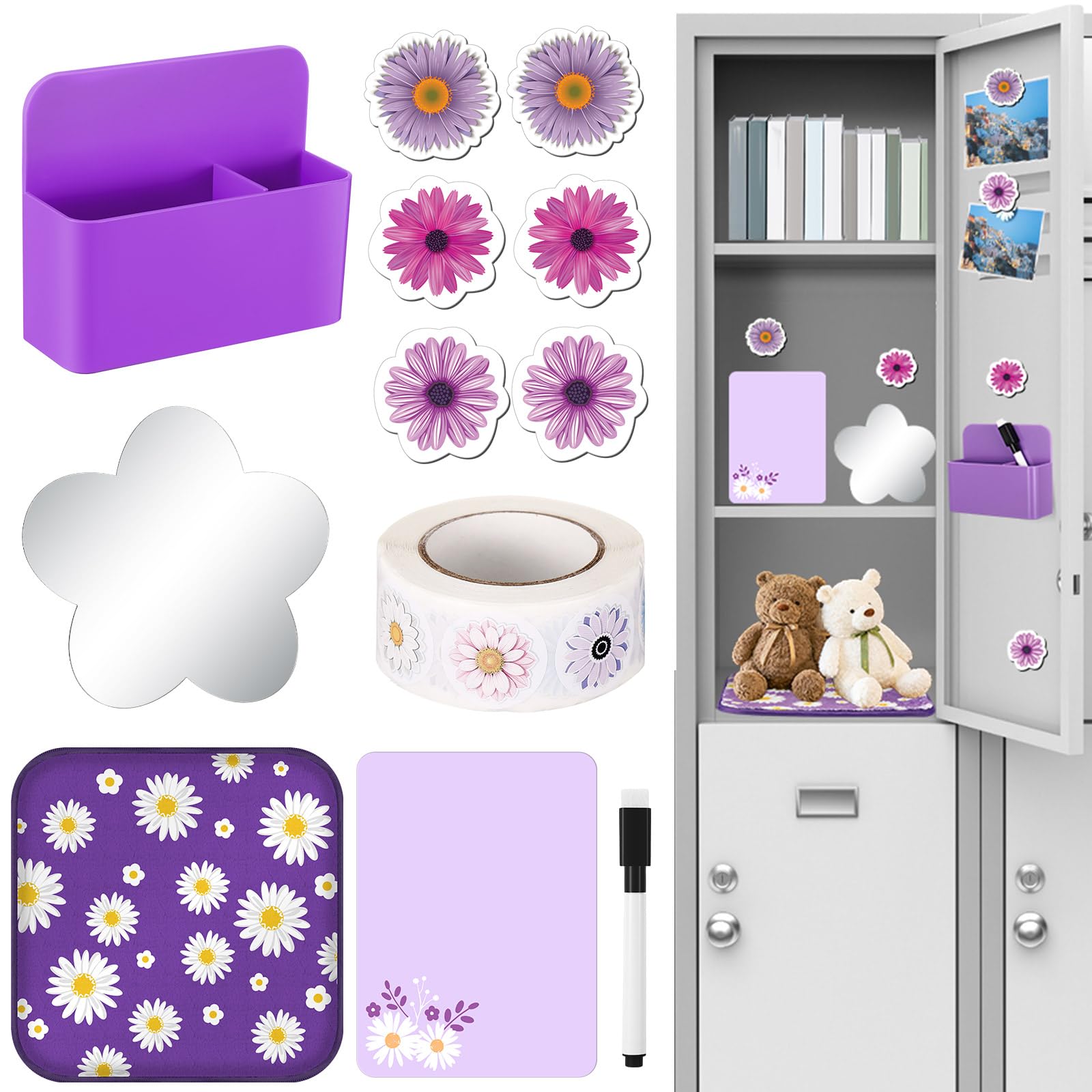 Photo 1 of Threehoney 11 Pcs Magnetic Locker Accessories Kit Locker Mirror Pen Holder Magnetic Stickers Rug Whiteboard Marker Preppy Stickers for Back to School Essentials Organizer Decorations(Daisy Style)