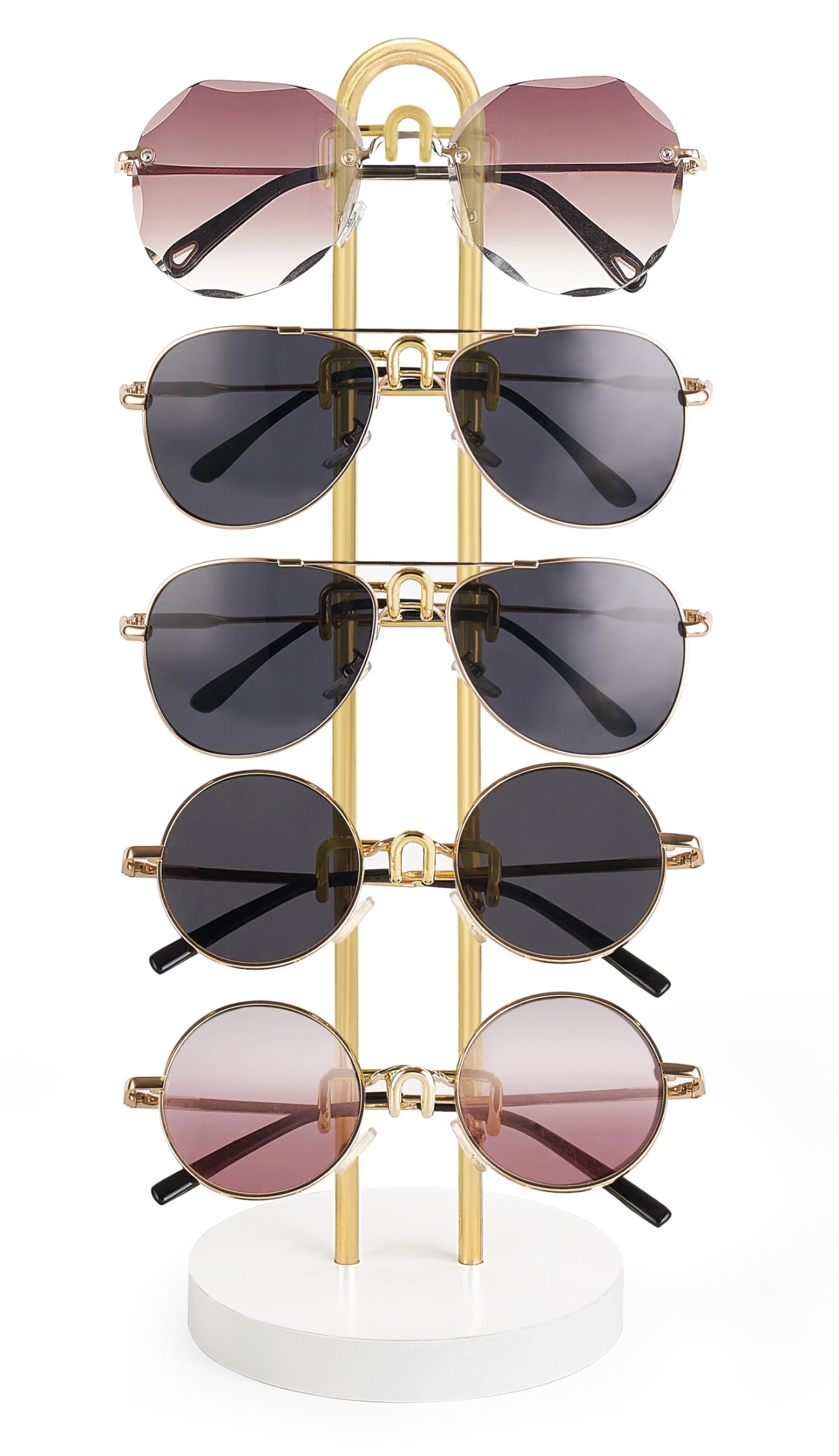 Photo 1 of Mkono Sunglasses Organizer Glasses Holder Stand Sunglass Storage Eyeglasses Rack Metal Frame with Wood Base for 5 Pairs of Eyewear Display for Table Desk Countertop Dresser Bedroom, Set of 1, Gold