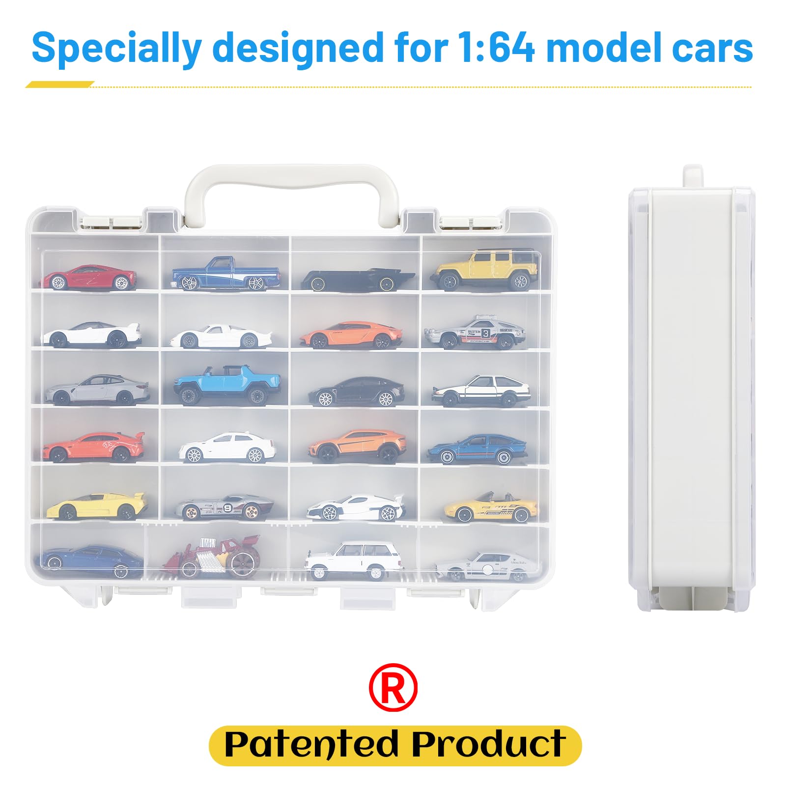 Storage Case for Hot Wheels - Carrying Display Case for 1/64 Scale Toy Cars, 48-Slot Double-Sided Transparent Organizer with Built-in Steps Prevent Sliding & Adjustable Dividers