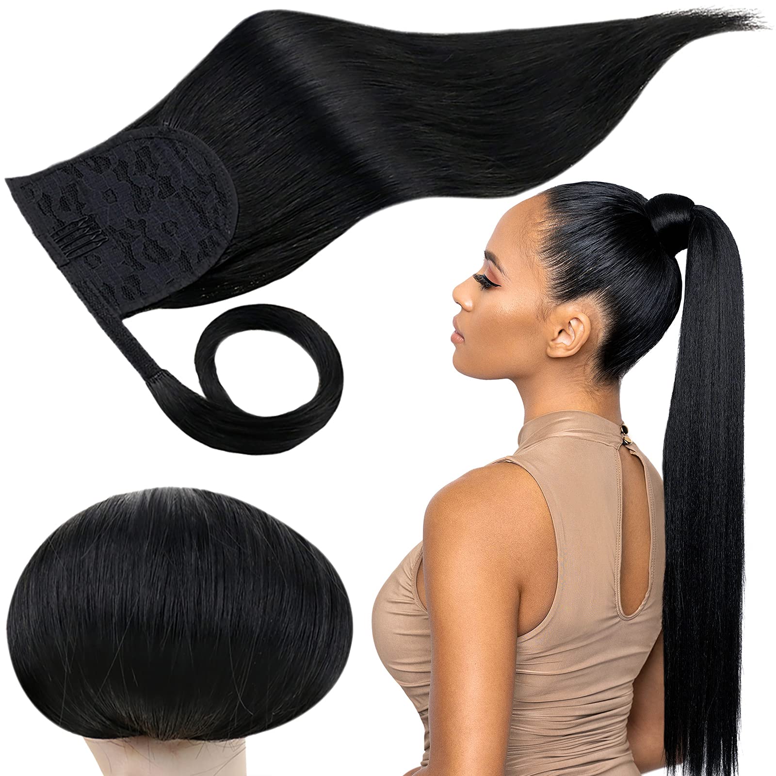 RUNATURE Ponytail Extension Human Hair Black Real Hair Ponytail Extensions Jet Black Real Hair Ponytail Extensions 18 Inch 100 Gram #1 — image 1