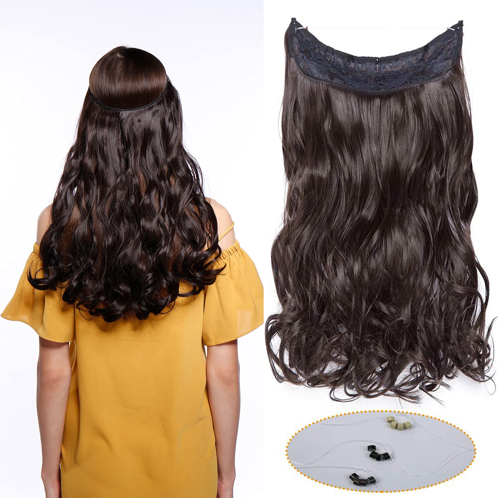 Wire in Hair Extensions One Piece Long Curly Wavy Hairpiece No Clip Synthetic Hair Wire on String 20inch; #Deep Brown）