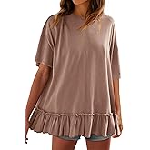 Tankaneo Womens Peplum Oversized Tshirt Summer Flowy Casual Shirt Dress Crew Neck Pleated Babydoll Beach Tunic Tops