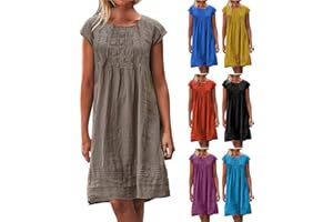 MAMIDAY Linen Dress for Women Pleated Summer Dresses Round Neck Short Sleeve Sundress Beach Vacation Casual Mini Dress 2024
