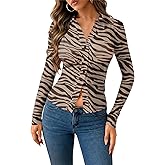 Clarisbelle Summer Womens Button Down Lapel Long Sleeve Shirts V Neck Mesh Ruched Trendy Tops