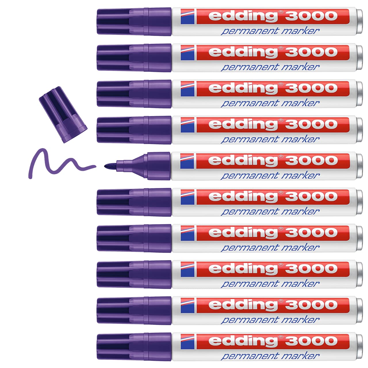 edding 3000 permanent marker - violet (purple) - box of 10 - round tip 1.5-3 mm - quick-drying permanent markers - waterproof, smudge-proof - for cardboard, plastic, wood, metal, fabric - marker pens
