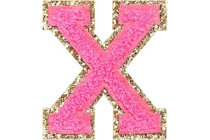 WISH YOUNG 3Pcs Chenille Letter Patches Iron on Patches Glitter Varsity Letter Patches Embroidered Patch Gold Border Sew On Patches for Clothing Hat Shirt Bag (Rose, X)