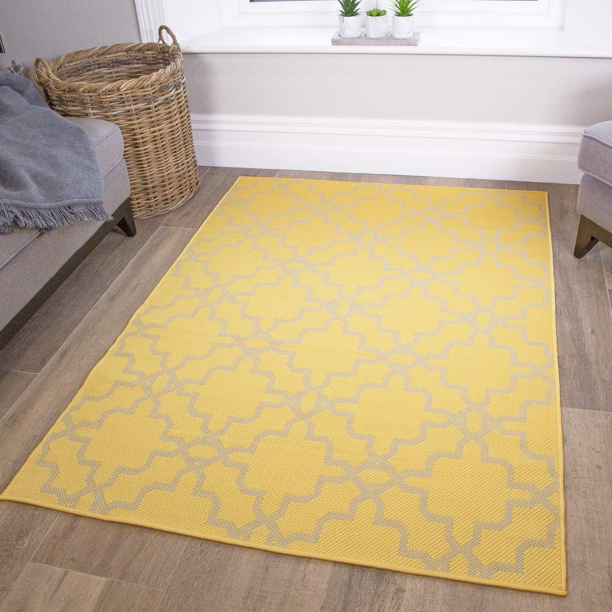 Yellow Trellis Flatweave Outdoor Garden Patio Rug Beige Washable