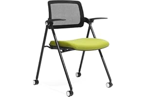 FYLICA Stackable & Foldable Office Chair, Folding Desk Chair with Flip-Up Armrest, Breathable Mesh, Thick Seat Cushion & Rocking Backrest, Conference Room Chair with Wheel (Green，1)
