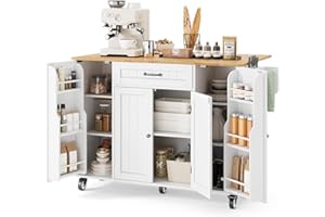 Ahomly Kitchen Island with Storage, 47.6" Rolling Kitchen Island on Wheels with Drop Leaf, Door Cabinet, Drawer, Spice Rack, Towel Rack and Knife Holder, Kitchen Cart Island Table for Kitchen, White