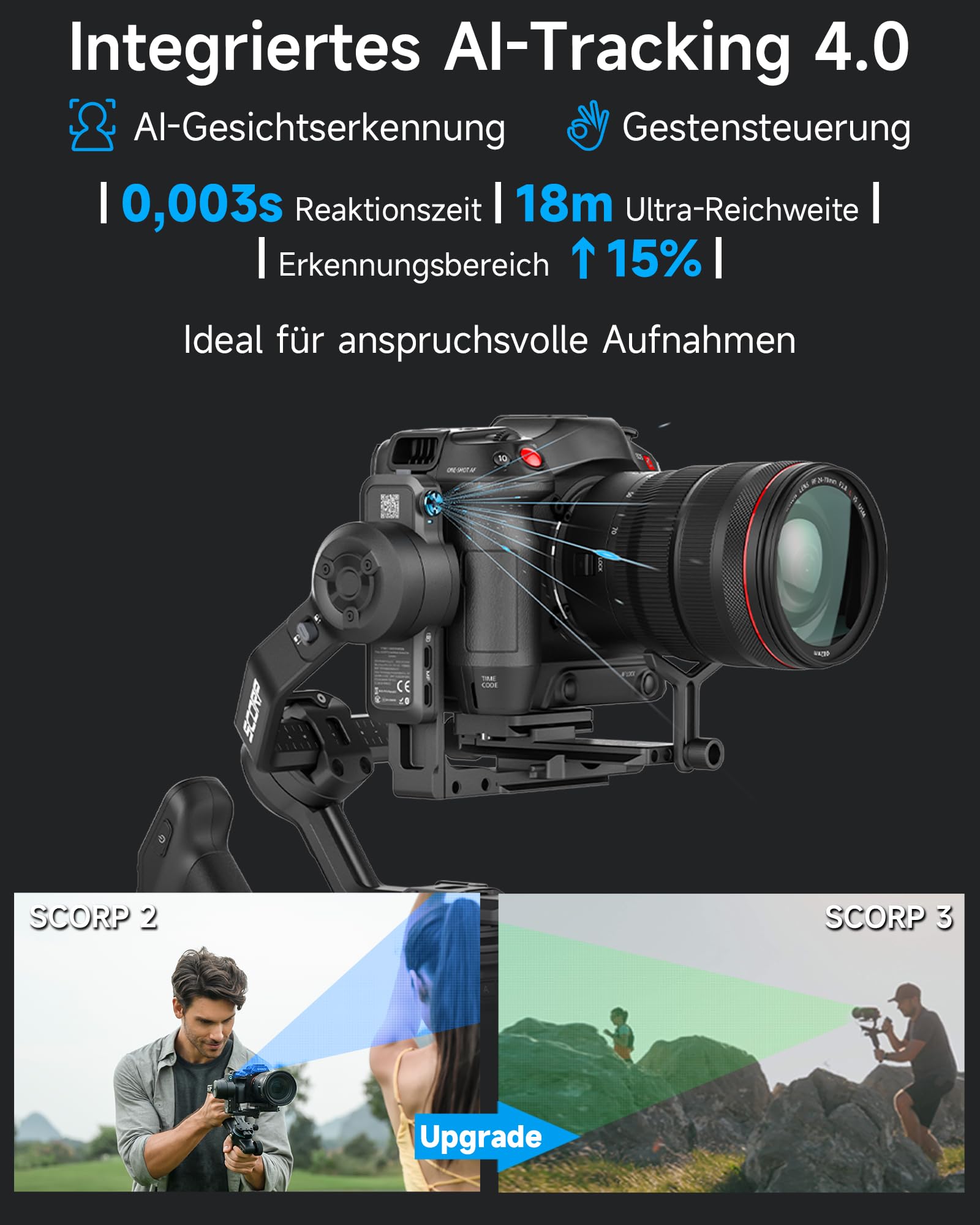 [Offiziell] FeiyuTech SCORP 3 DSLR Gimbal – 3,5 kg Traglast, 3-Achsen Kamera Stabilisator mit AI-Tracking, vertikale Aufnahme, 14 h Laufzeit, Remote-Griff, für Sony/Canon/Nikon 4