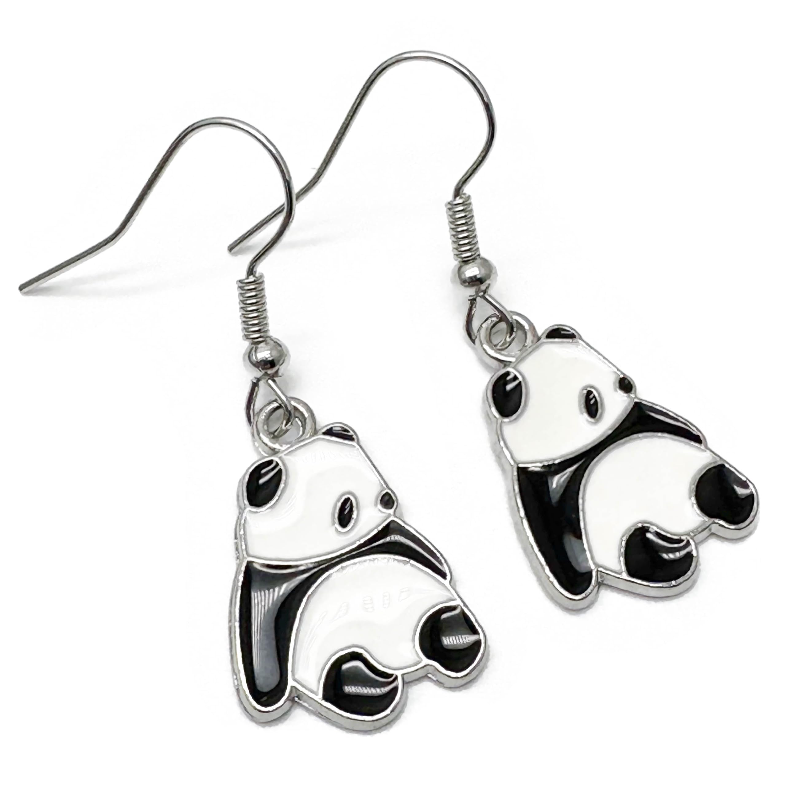 Panda Charm Earrings, Super Cute White and Black Enamel Charm Beads on Nickel Free Silver Tone Hooks : 38mm long, Handmade Gift for Women, Wild Animal Lovers