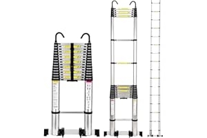 Telescoping Ladder, Soctone 20.3 Ft Aluminum Lightweight Telescoping Ladder with Hooks, Portable Collapsible RV Ladder with Wheels and Stabilizer Bar, 330 lb. Weight Capacity