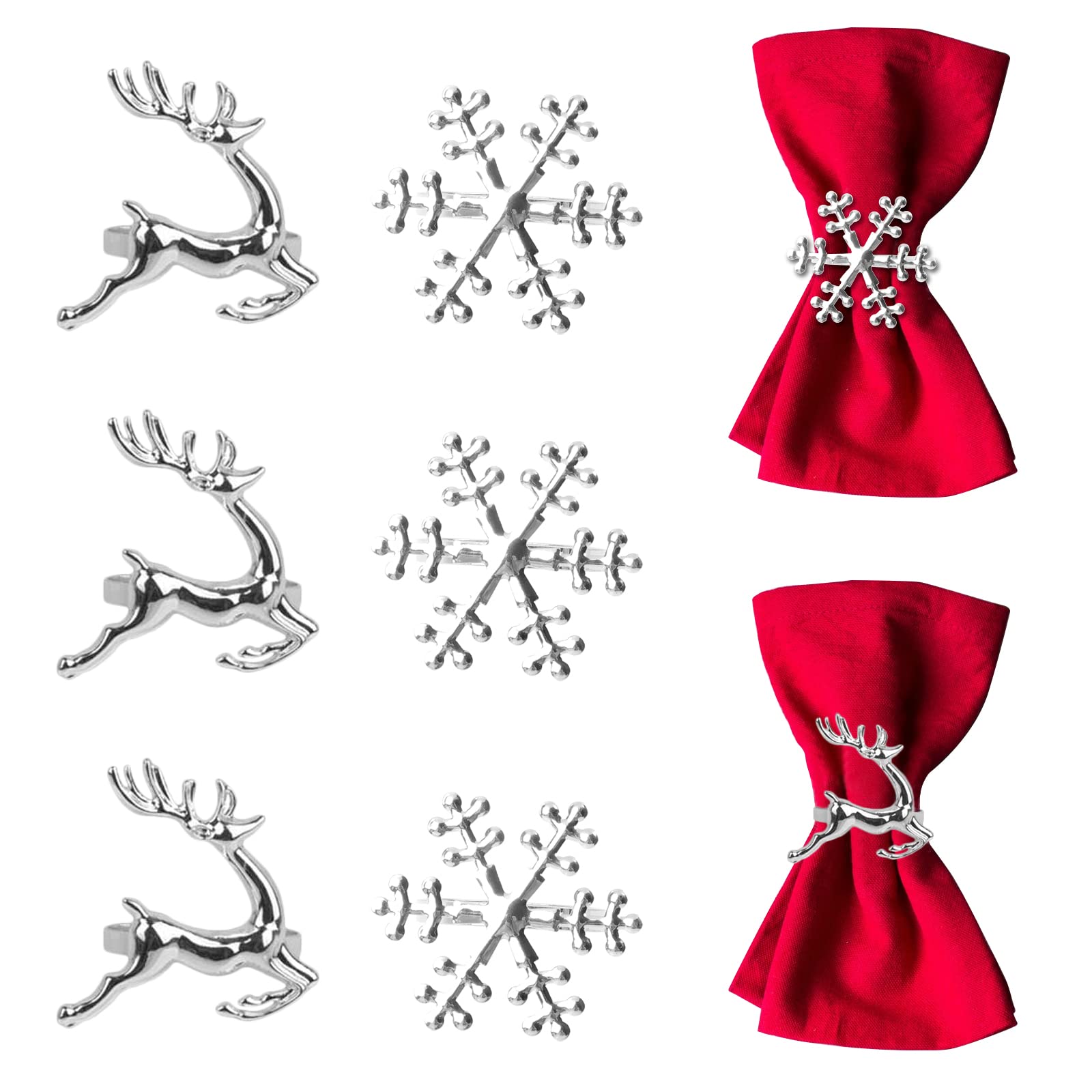 Napkin Rings Set of 8 Silver Napkin Rings Snowflake Reindeer for Christmas Lunch Thanksgiving Party Holiday Christmas Wedding Table Decoration