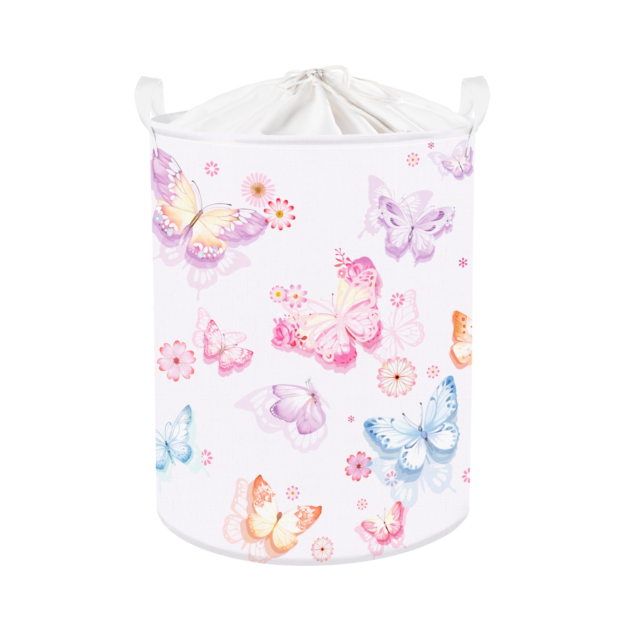 Clastyle 45L Large Purple Pretty Butterfly Kid Girl Laundry Hamper with Handle Collapsible Pink Flowers Clothes Toy Storage Basket with Lid for Nursery