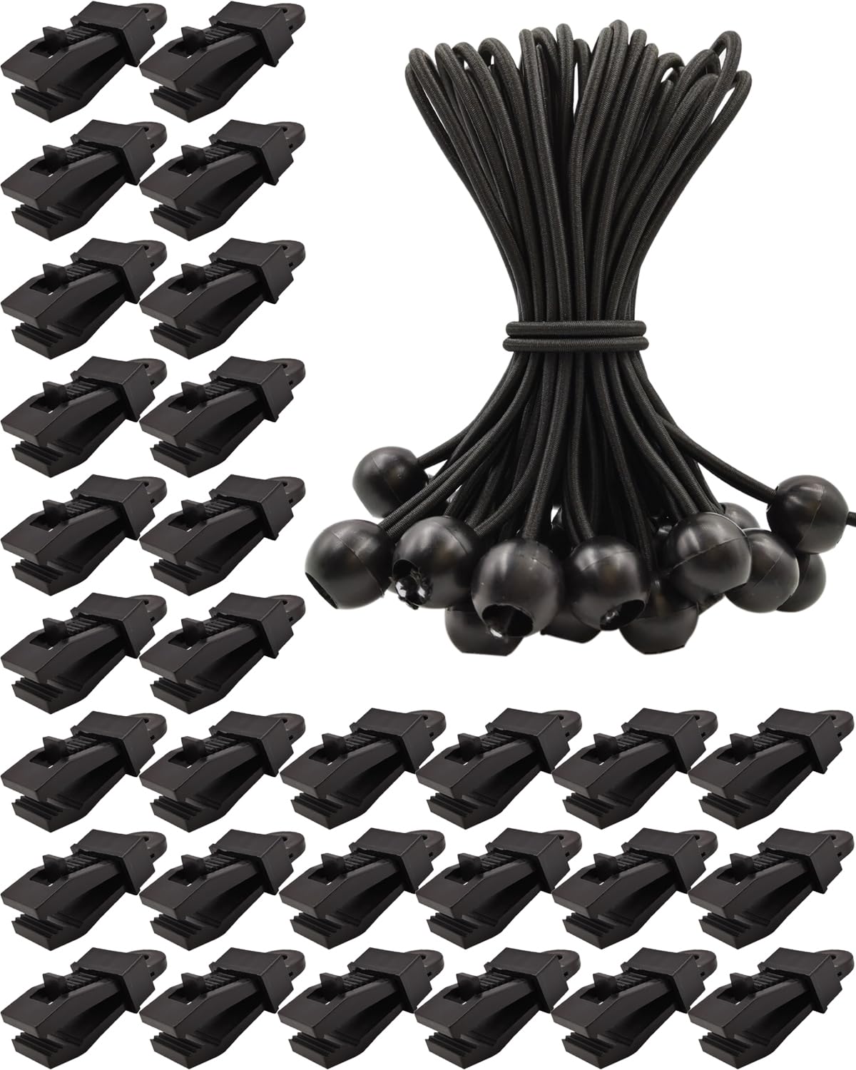 WMZOBH 30 Pcs Tarp Clips + 30 Pcs Bungee Balls 6 Inch - Heavy Duty Camping Accessories and Bungee Cords with Balls - Tarpaulin Clips and Clamps (Black)