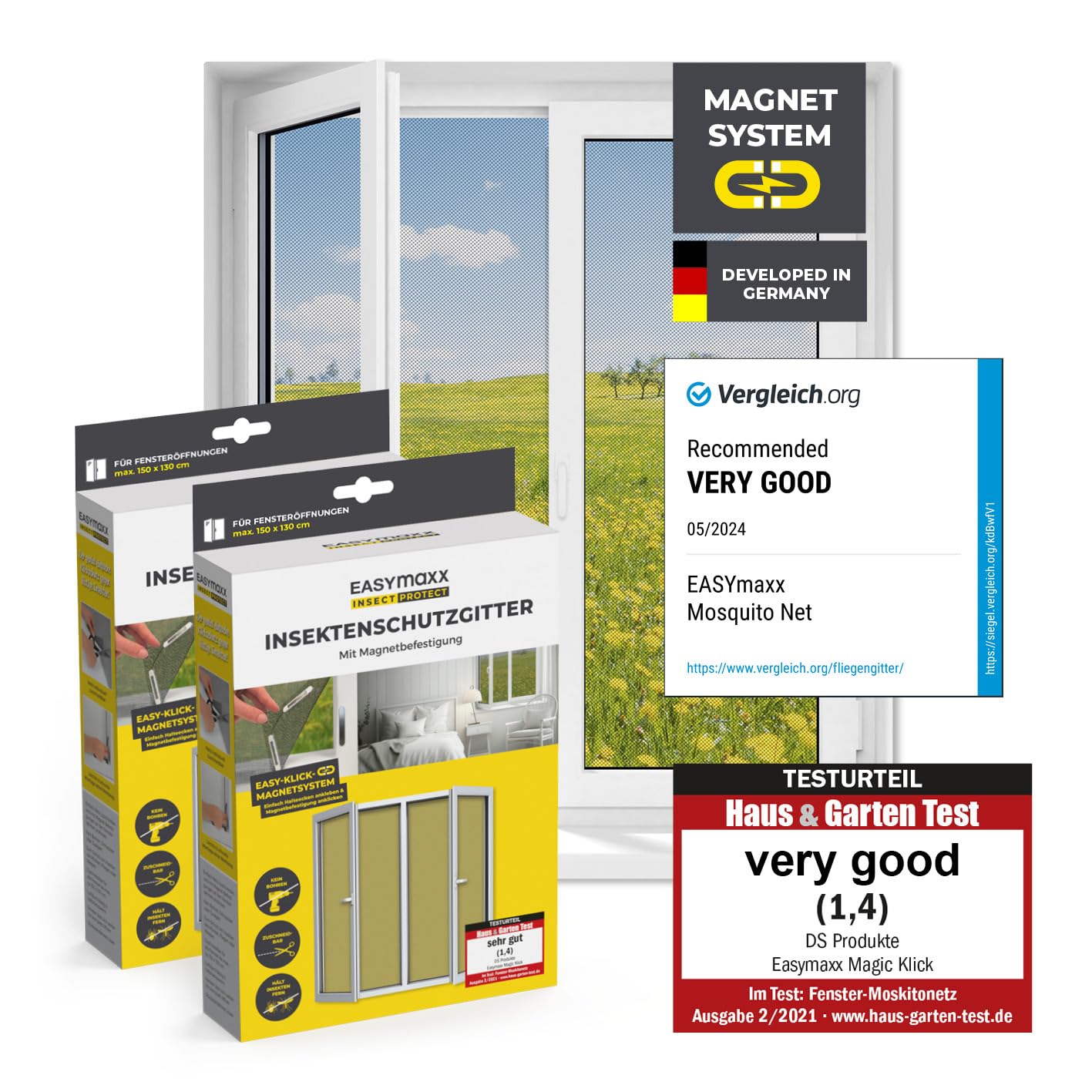 EASYmaxx Fly Screen for Windows with Magic Click | Mosquito net can be Cut to Size for All Windows up to 150x130 cm | Easy Installation with 12 Magnets - no Drilling or screwing [2 Pieces]