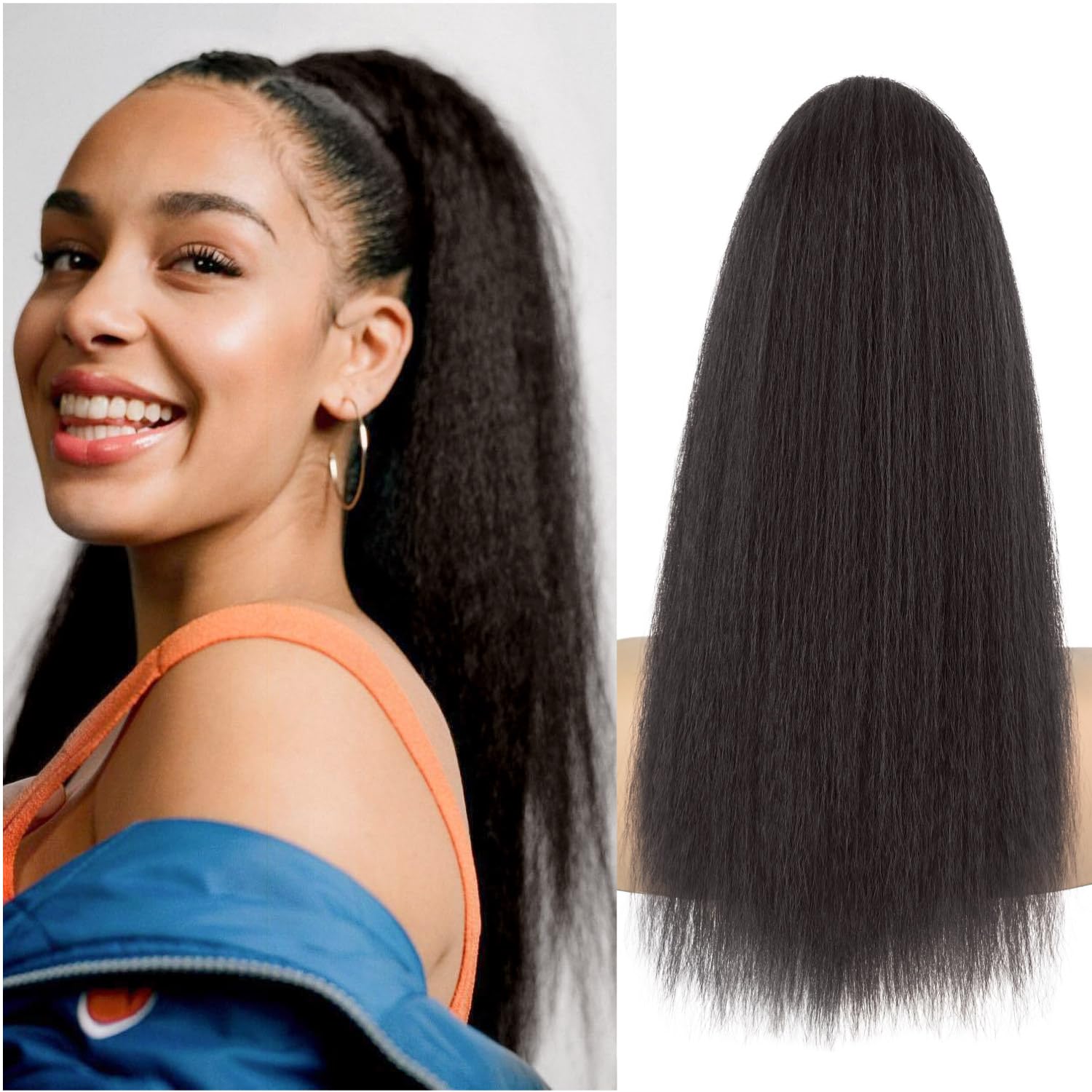 Photo 1 of UAmy hair Long Yaki Straight Ponytail Extension for Women 20 Inch Brown Black Wrap Around Magic Paste Synthetic Clip in Ponytail Thick Kinky Straight Hair Pony Tail for Daily Use (2#)