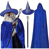 Hicarer 4 Pcs Halloween Wizard Costume Set Include Wizard Hat Cloak Wig Beard Wand Costume Accessories for Adults