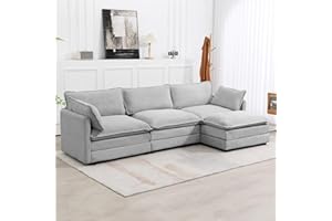 Bumblr Oversized Modular Sectional Couch with Ottoman, 112" Wide Corduroy Sectional Sofa, Modern L Shaped Couch with Convertible Chaise, Extra Large 4 Seat Sofa Set, Gray