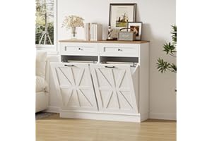 Double Tilt-Out Dual Compartment Trash Can Cabinet with Hideaway Drawers Wooden Trash Can Cabinet Pet-Proof Hidden Garbage Bi